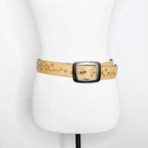 DKNY floral embossed leather belt tan leather silver boho 856046 womens M